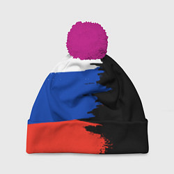 Шапка с помпоном Российский триколор на темном фоне, цвет: 3D-малиновый