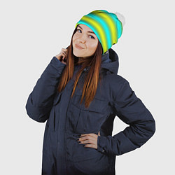 Шапка с помпоном Бирюзово-желтые неоновые полосы, цвет: 3D-белый — фото 2
