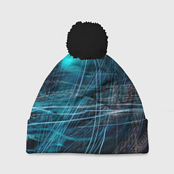 Шапка с помпоном Неоновые волны и линии - Голубой, цвет: 3D-черный
