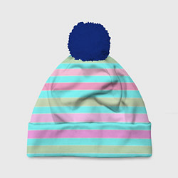 Шапка c помпоном Pink turquoise stripes horizontal Полосатый узор