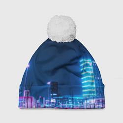 Шапка c помпоном Неоновый ночной город - Светло-синий