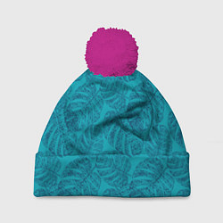 Шапка с помпоном Синие листья монстеры на голубом, цвет: 3D-малиновый
