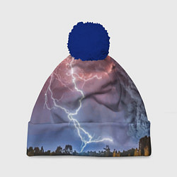 Шапка с помпоном Грозовые разряды молний над лесом, цвет: 3D-тёмно-синий