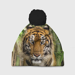 Шапка с помпоном Матёрый тигр в зарослях бамбука, цвет: 3D-черный