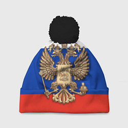 Шапка с помпоном Герб России на фоне флага, цвет: 3D-черный