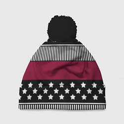 Шапка c помпоном Burgundy black striped pattern