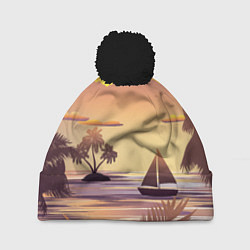 Шапка с помпоном Лодка в море на закате возле тропических островов, цвет: 3D-черный