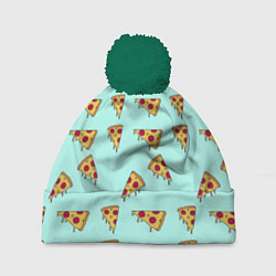 Шапка с помпоном Куски пиццы на голубом фоне, цвет: 3D-зеленый