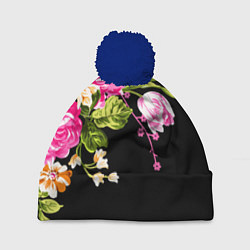 Шапка с помпоном Букет цветов, цвет: 3D-тёмно-синий