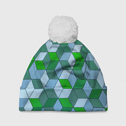Шапка с помпоном Зелёные и серые абстрактные кубы с оптической иллю, цвет: 3D-белый