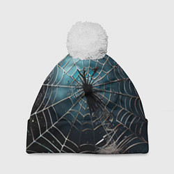 Шапка с помпоном Halloween - паутина на фоне мрачного неба, цвет: 3D-белый