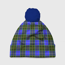 Шапка с помпоном Ткань Шотландка сине-зелёная, цвет: 3D-тёмно-синий