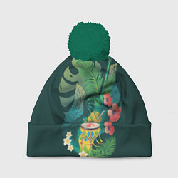 Шапка с помпоном Акустическая гитара с барабаном и тропическими лис, цвет: 3D-зеленый