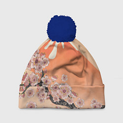 Шапка с помпоном Ветка цветущей сакуры и вулкан, цвет: 3D-тёмно-синий