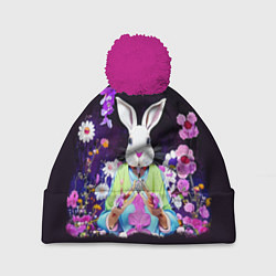 Шапка с помпоном Кролик в цветах на черном фоне, цвет: 3D-малиновый