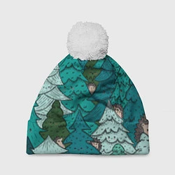 Шапка с помпоном Ежи в еловом лесу, цвет: 3D-белый