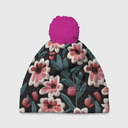 Шапка с помпоном Эффект вышивки цветы, цвет: 3D-малиновый