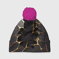 Шапка с помпоном Трещины в пропасть: черно-золотой узор, цвет: 3D-малиновый