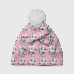 Шапка c помпоном Flowers on a pink background