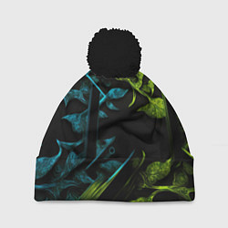 Шапка с помпоном Зеленые и синие абстрактные листья, цвет: 3D-черный