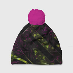 Шапка с помпоном Темные фиолетовые и зеленые вставки, цвет: 3D-малиновый