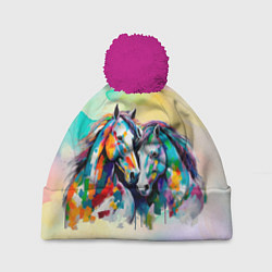 Шапка с помпоном Две разноцветные лошади, цвет: 3D-малиновый