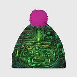 Шапка с помпоном Психоделика в зеленом - нейронная сеть, цвет: 3D-малиновый