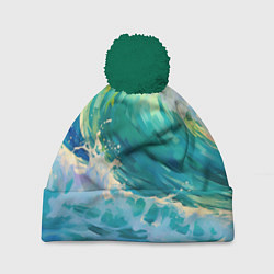 Шапка с помпоном Нарисованные волны моря, цвет: 3D-зеленый
