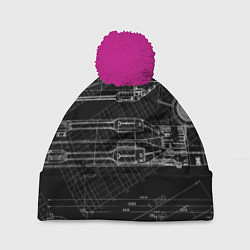 Шапка с помпоном Чертеж ракеты на чёрном фоне, цвет: 3D-малиновый