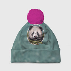Шапка с помпоном Милая мордочка панды с бамбуком, цвет: 3D-малиновый