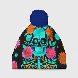 Шапка с помпоном Неоновый скелет в цветах, цвет: 3D-тёмно-синий