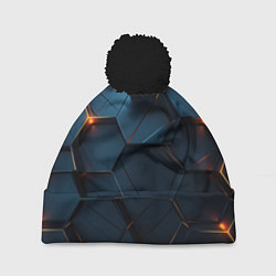 Шапка с помпоном Синие объемные плиты с оранжевыми вставками, цвет: 3D-черный