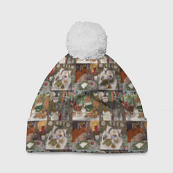 Шапка с помпоном Милые иллюстрации коллаж, цвет: 3D-белый