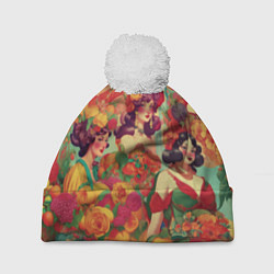 Шапка с помпоном Винтажные ретро леди и цветы, цвет: 3D-белый