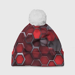 Шапка с помпоном Cyber hexagon red, цвет: 3D-белый