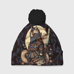 Шапка с помпоном Кот якудза - японский воин, цвет: 3D-черный