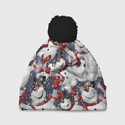 Шапка с помпоном Зимний паттерн со снеговиками, цвет: 3D-черный