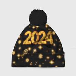 Шапка с помпоном Новый 2024 год - золотые снежинки, цвет: 3D-черный