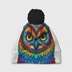 Шапка с помпоном Сова желтоглазая с разноцветными перьями, цвет: 3D-черный