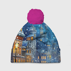 Шапка с помпоном Новогоднее настроение город, цвет: 3D-малиновый
