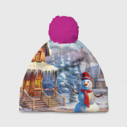 Шапка с помпоном Новогодняя деревня и снеговик, цвет: 3D-малиновый