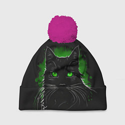 Шапка с помпоном Портрет черного кота в зеленом свечении, цвет: 3D-малиновый