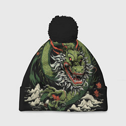 Шапка с помпоном Символ года зеленый дракон, цвет: 3D-черный