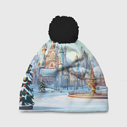 Шапка с помпоном Новогодний городской пейзаж, цвет: 3D-черный