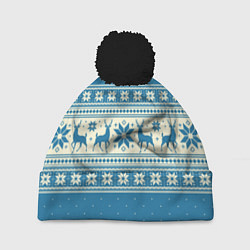 Шапка с помпоном Sweater with deer on a blue background, цвет: 3D-черный