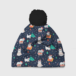 Шапка с помпоном Pattern with new years cats, цвет: 3D-черный