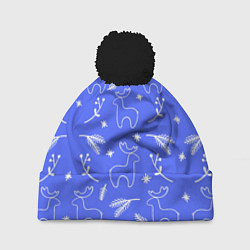 Шапка с помпоном Синий рождественский принт с оленями, цвет: 3D-черный