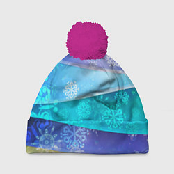 Шапка с помпоном Абстрактный синий волнистый фон со снежинками, цвет: 3D-малиновый