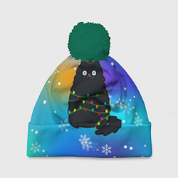 Шапка с помпоном Новогодний котик и снежинки, цвет: 3D-зеленый
