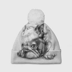 Шапка c помпоном Французский бульдог чб рисунок на стене